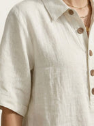 100% cotton beige co-ord with oversized button-front top and relaxed shorts