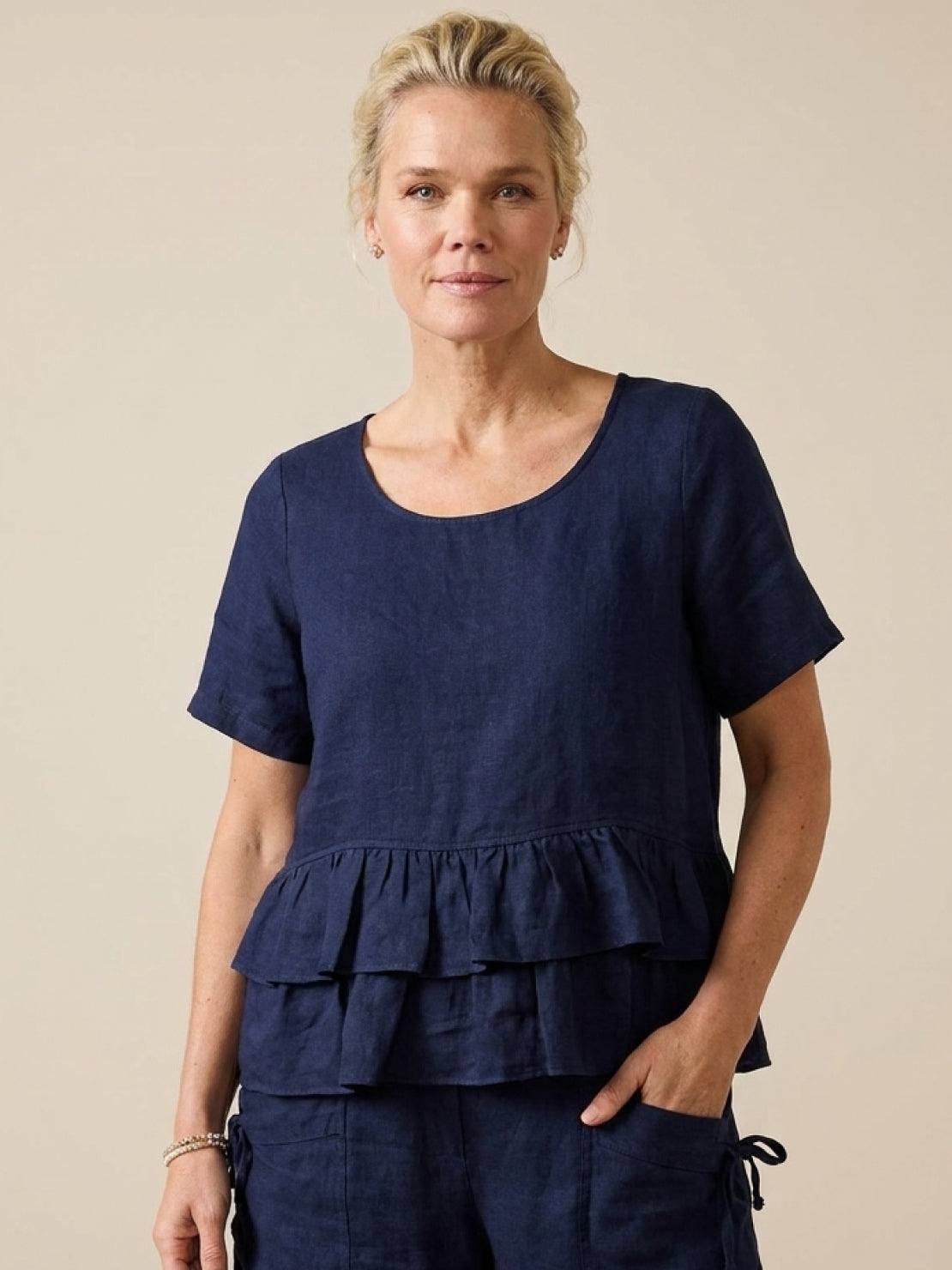 Cotton relaxed shorts and matching ruffle-detail top two-piece summer co-ord set