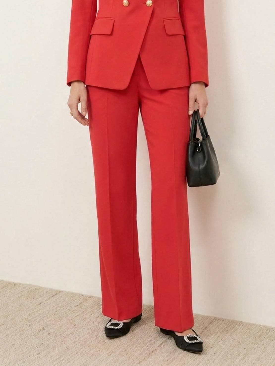 Structured double-breasted blazer with gold lion-head buttons and wide-leg trousers co-ord set