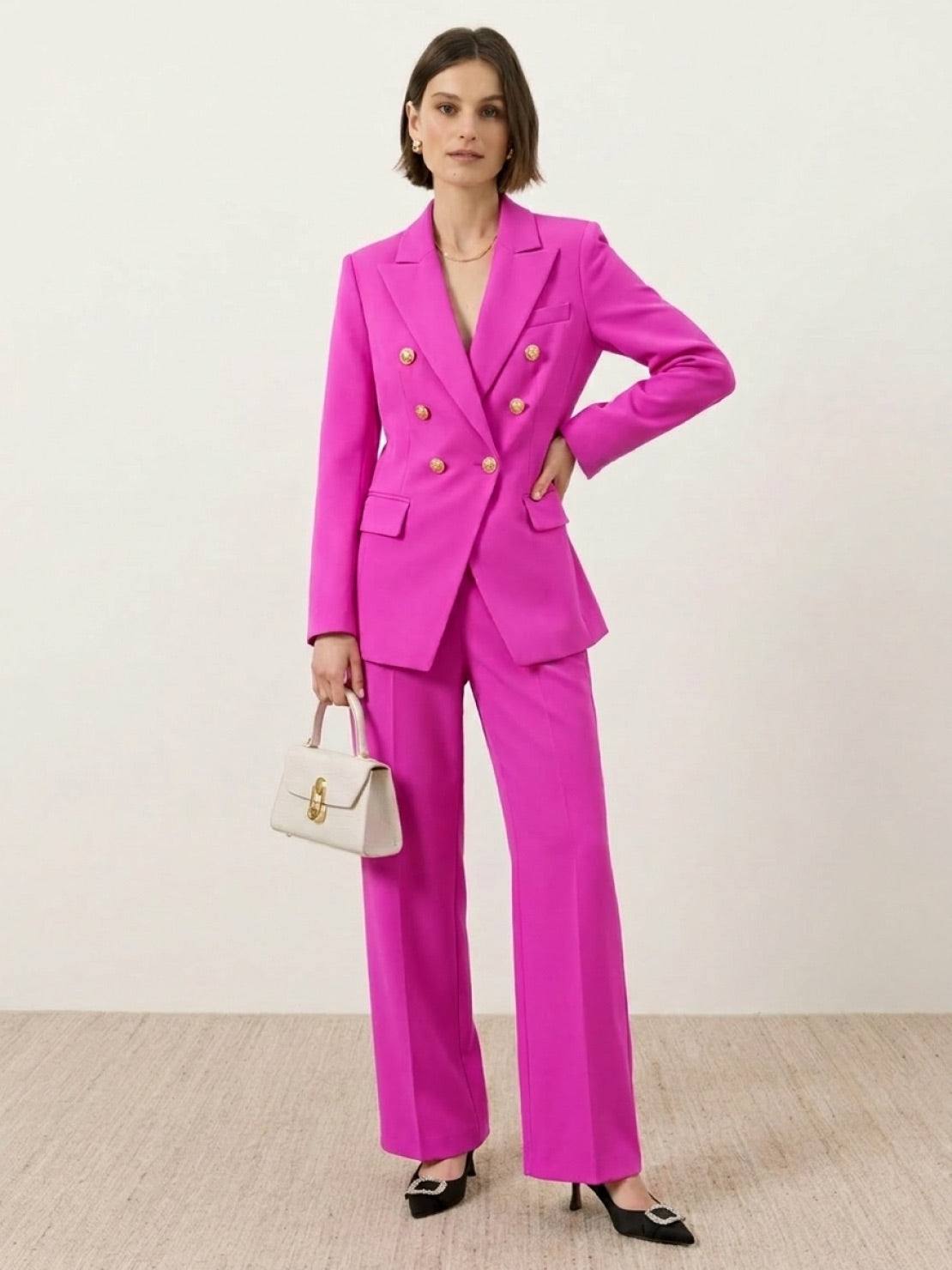 Double-breasted blazer and wide-leg trousers co-ord set with gold buttons and structured tailoring
