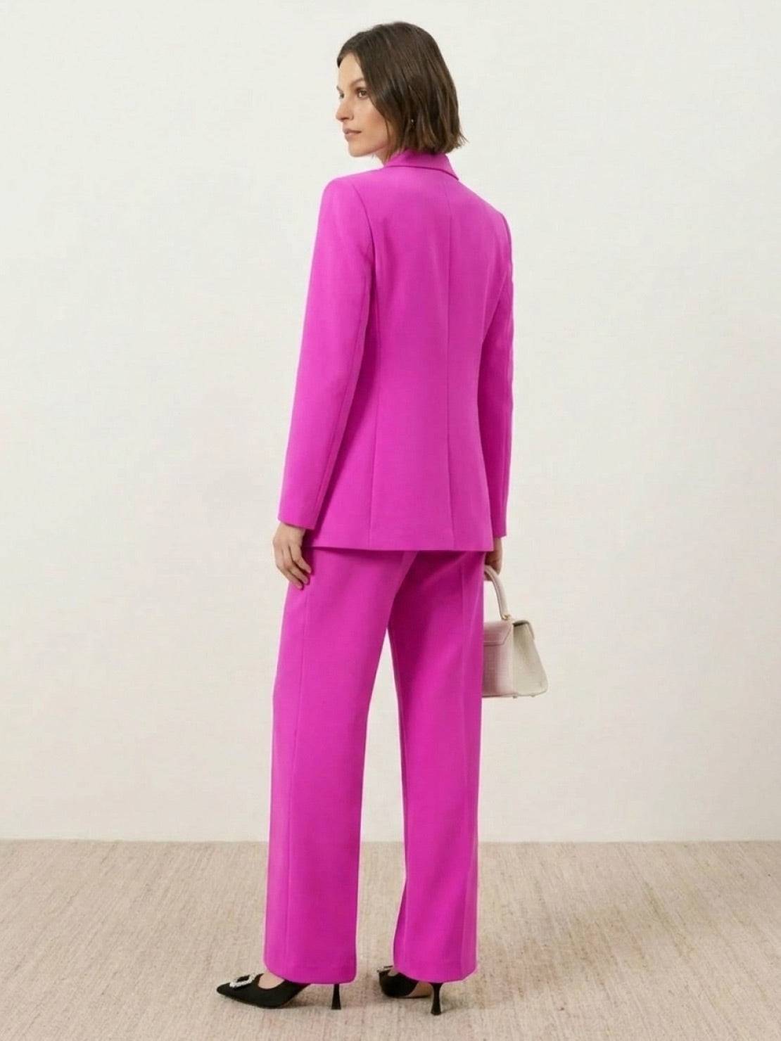Structured double-breasted blazer with gold lion-head buttons and wide-leg trousers co-ord set