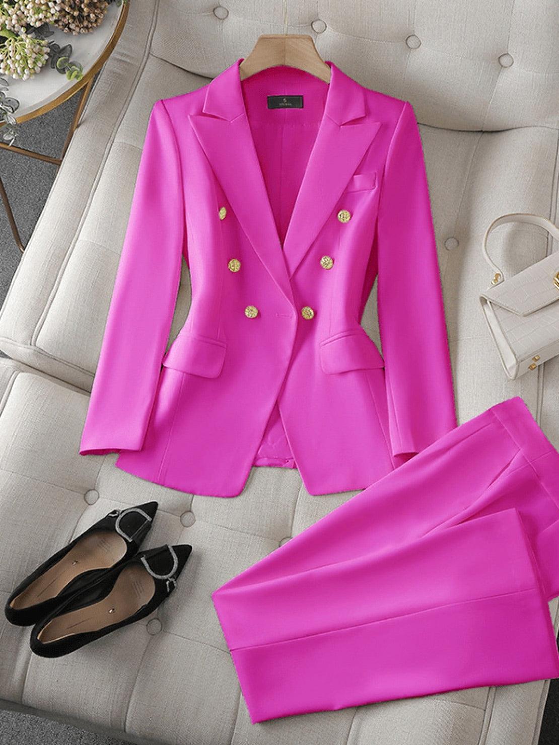 Double-breasted blazer with gold buttons and wide-leg trousers co-ord set in structured suiting fabric