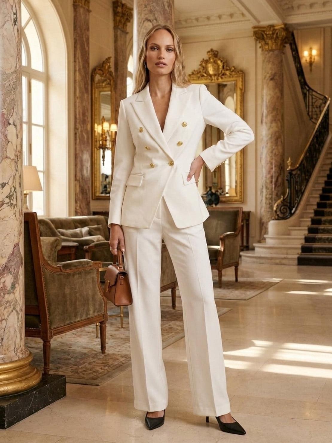 Double-breasted blazer and wide-leg trousers co-ord set with gold lion-head buttons and structured suiting fabric