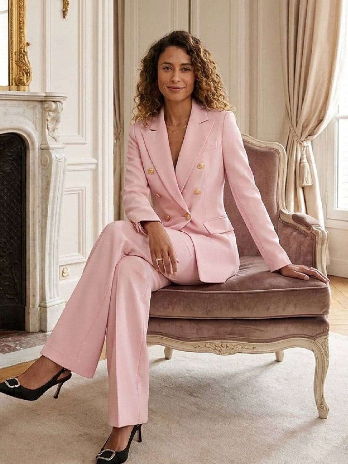 Double-breasted blazer with gold buttons and wide-leg trousers co-ord set in structured suiting fabric
