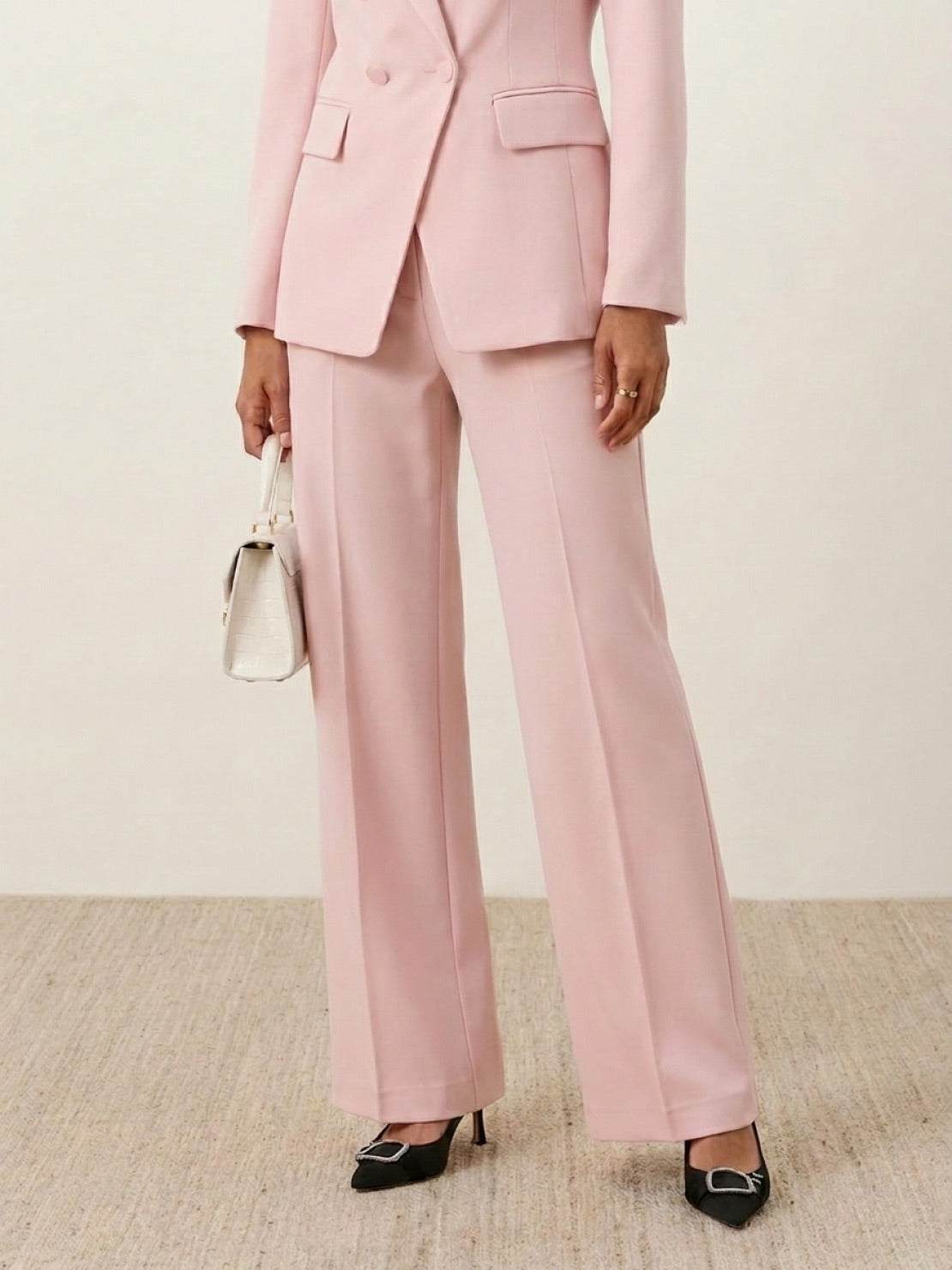 Double-breasted blazer with gold buttons and wide-leg trousers co-ord set in structured fabric