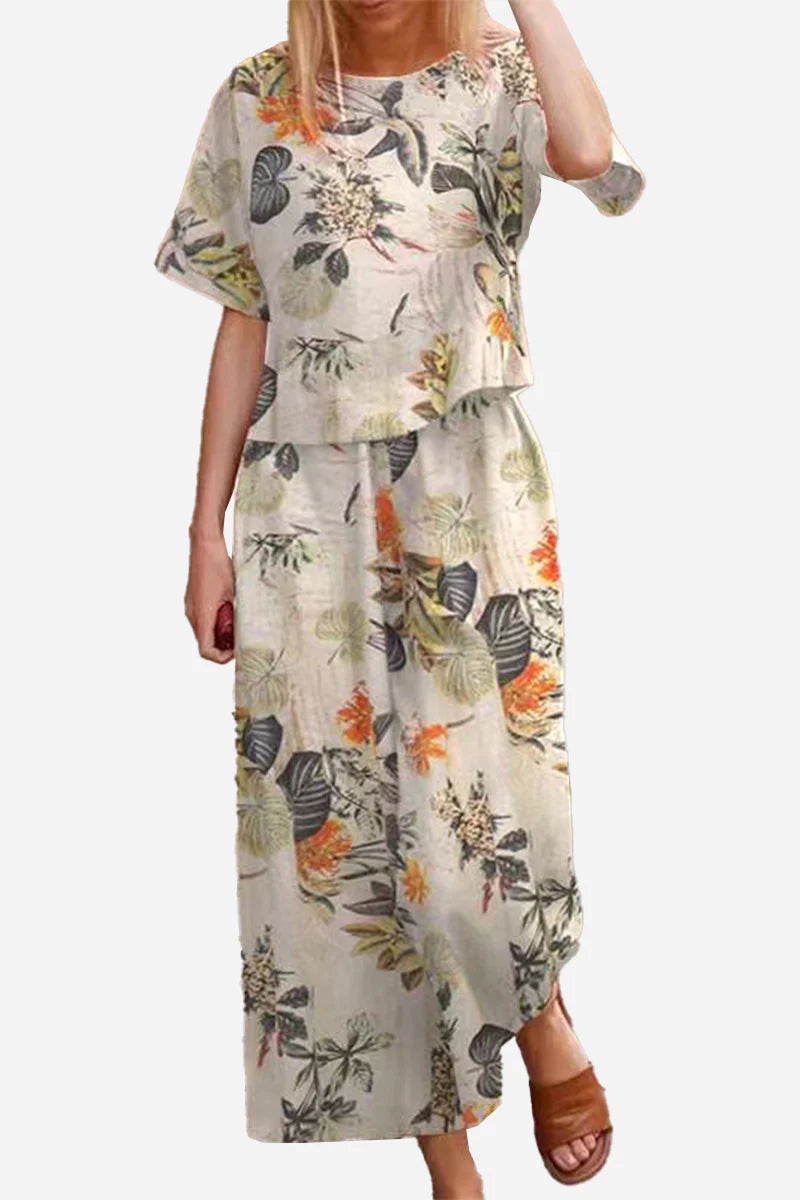 Woman modeling the Breezy Meadow Two-Piece Set with relaxed fit and wide-leg trousers in lightweight polyester fabric