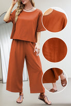 woman wearing Breezy Meadow two-piece set with soft-tailored top and wide-leg trousers in light fabric