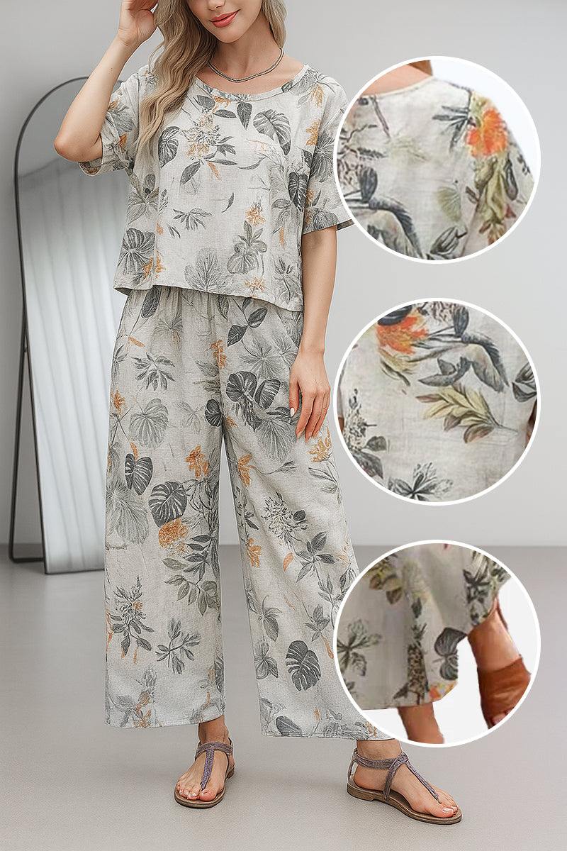 Breezy Meadow Two-Piece Set with soft-tailored top and wide-leg trousers in lightweight polyester fabric