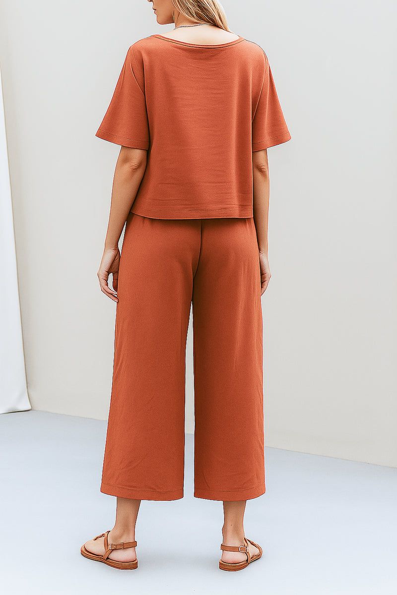 Breezy Meadow Two-Piece Set featuring relaxed soft-tailored top and wide-leg trousers in lightweight polyester
