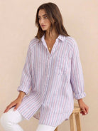 Oversized linen shirt in sorbet stripe with back pleat detail and relaxed fit on model