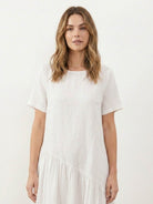 Cotton-linen summer midi dress with tiered skirt and relaxed drop-waist silhouette in lightweight fabric