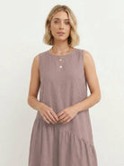 Cotton-linen summer midi dress with tiered skirt and relaxed drop-waist silhouette in lightweight fabric