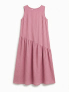 Cotton-linen summer midi dress with tiered skirt and relaxed drop-waist silhouette in light fabric