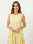 Cotton-linen summer midi dress with tiered skirt and relaxed drop-waist silhouette in lightweight fabric