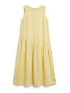 Cotton-linen summer midi dress with tiered skirt and relaxed drop-waist silhouette in natural fabric blend
