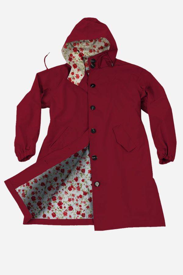 Burgundy water-resistant oversized hooded windbreaker with floral lining and button closure