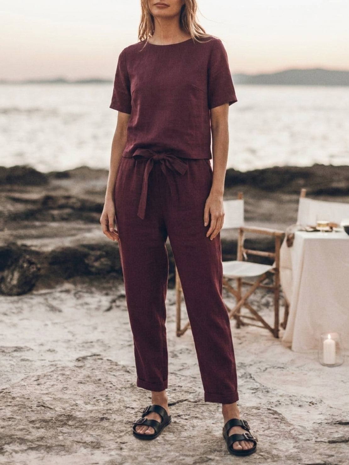 Breathable cotton linen set with relaxed short-sleeve top and straight-leg pants in monochrome tones
