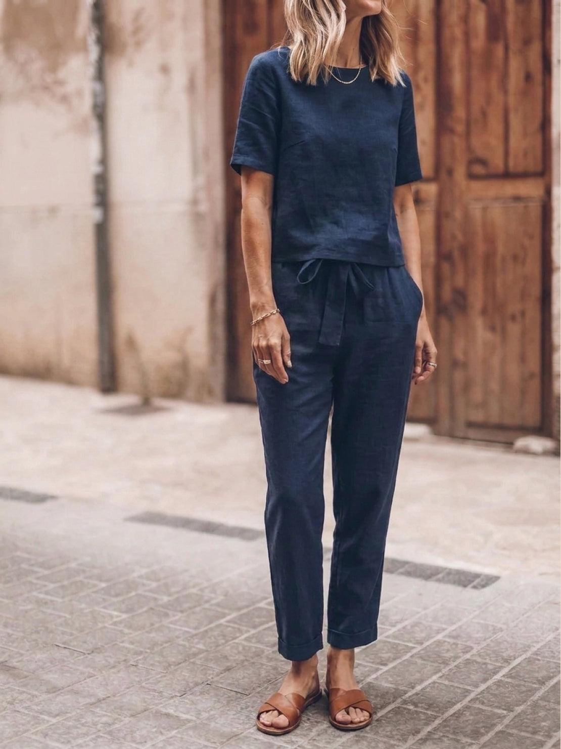 Women's relaxed cotton linen monochrome two-piece set with short-sleeve top and straight-leg pants