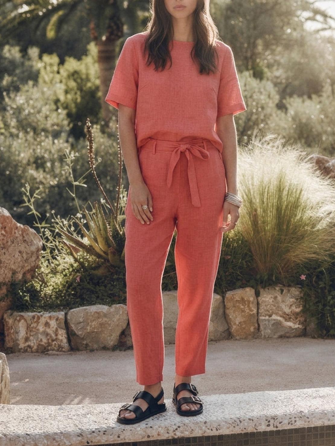 woman wearing breathable cotton linen set monochrome co-ord with relaxed fit and drawstring pants