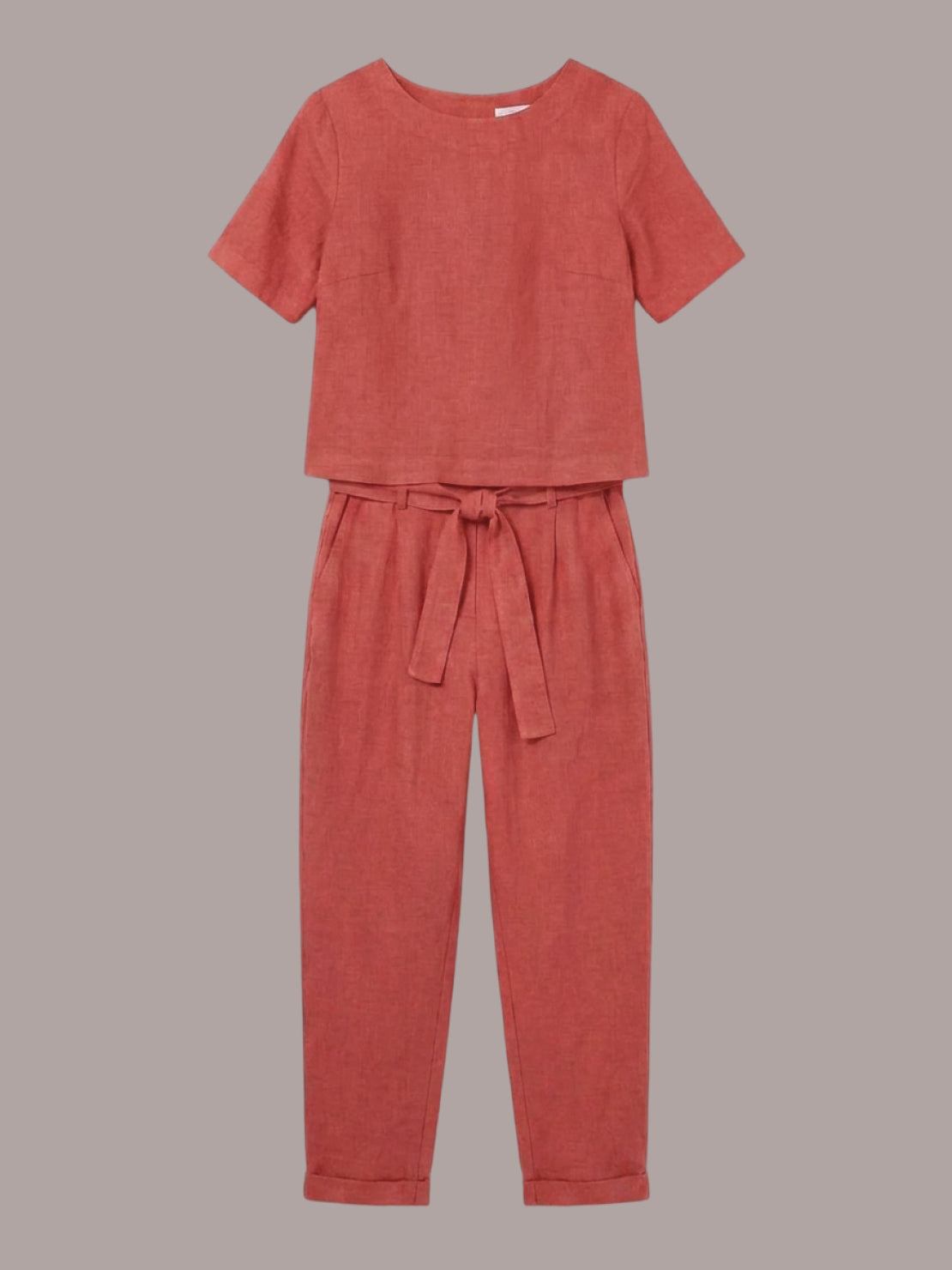 cotton linen set monochrome two-piece breathable relaxed fit outfit on model