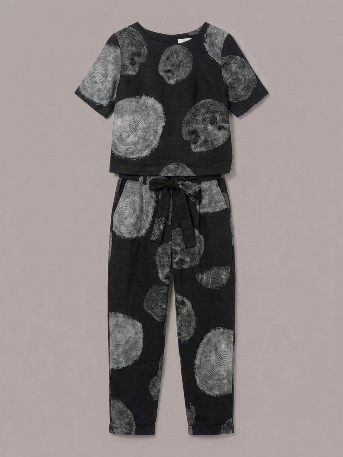cotton linen set breathable monochrome two-piece outfit with relaxed fit on model
