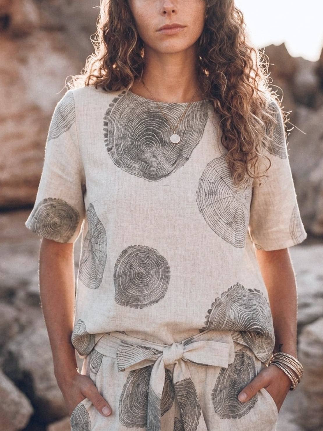 woman wearing 100% cotton linen set monochrome two-piece outfit