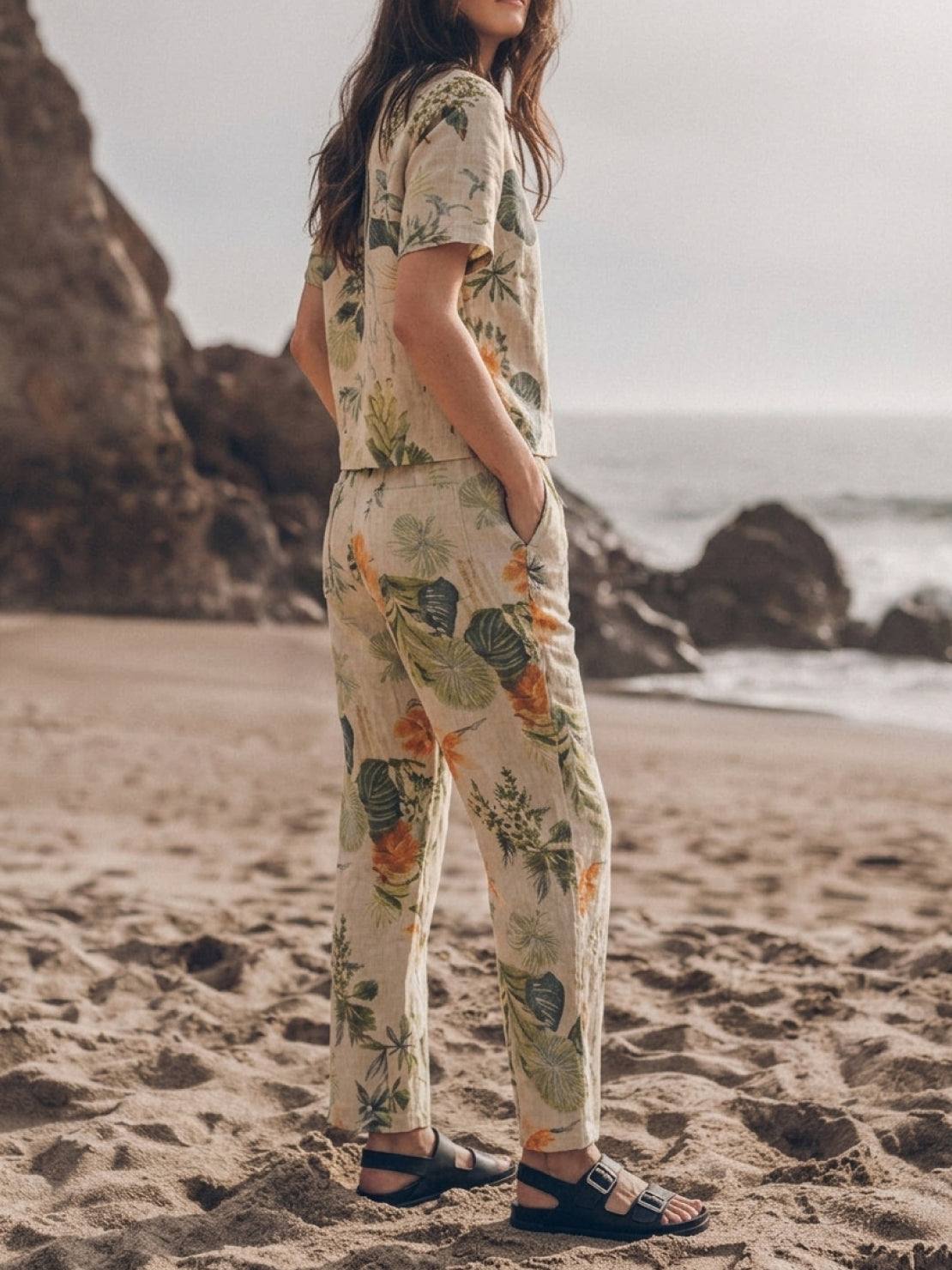 soft breathable cotton linen set monochrome two-piece outfit with relaxed fit