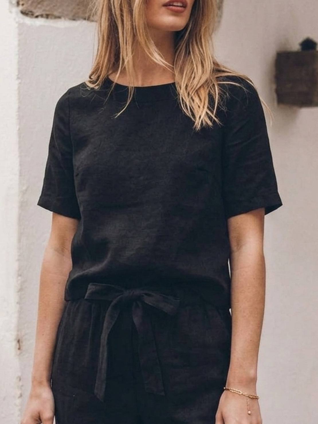 Cotton linen set with relaxed short-sleeve top and straight-leg pants in monochrome breathable fabric