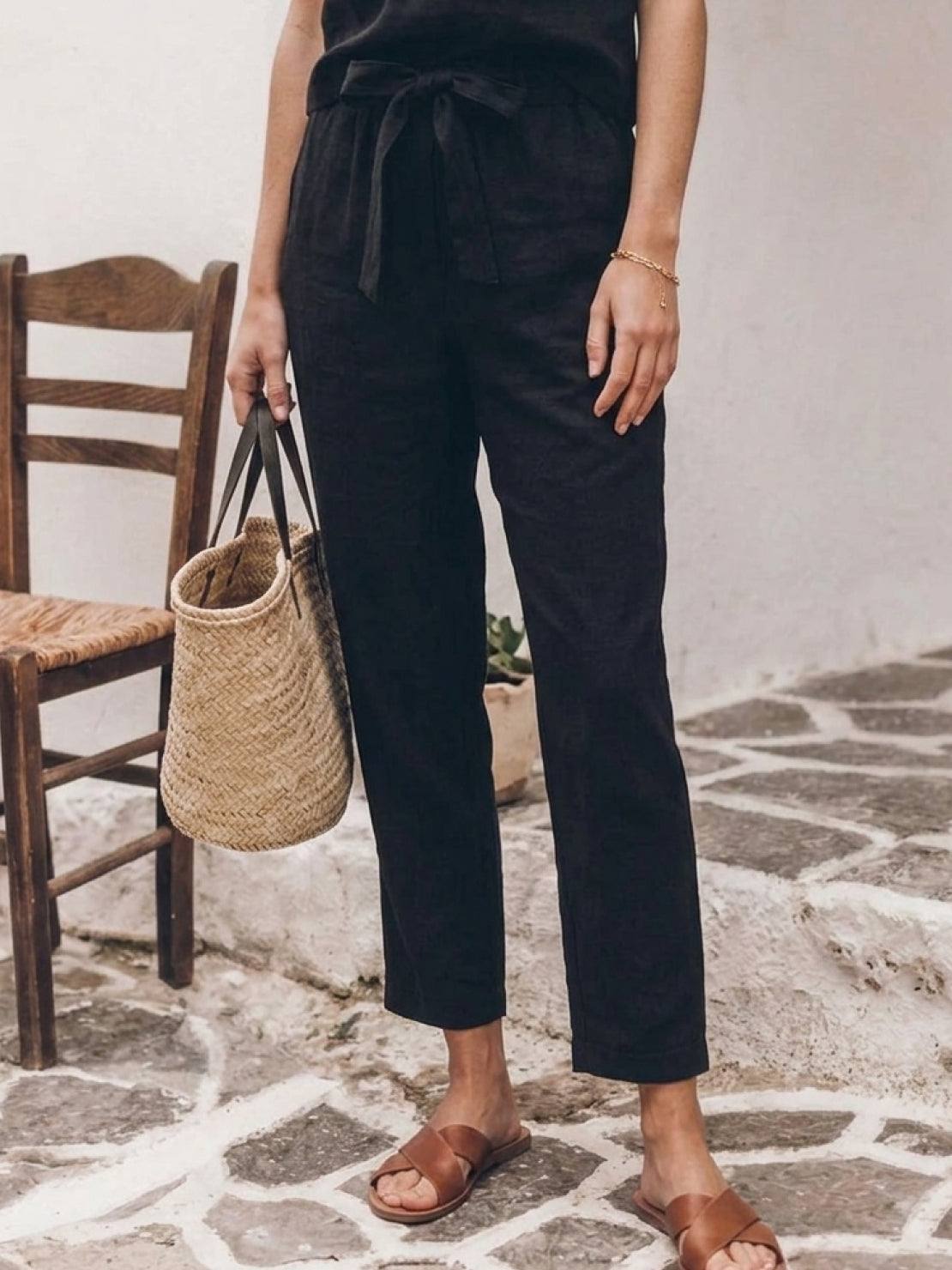 Breathable cotton linen set with relaxed short-sleeve top and straight-leg pants in monochrome tones