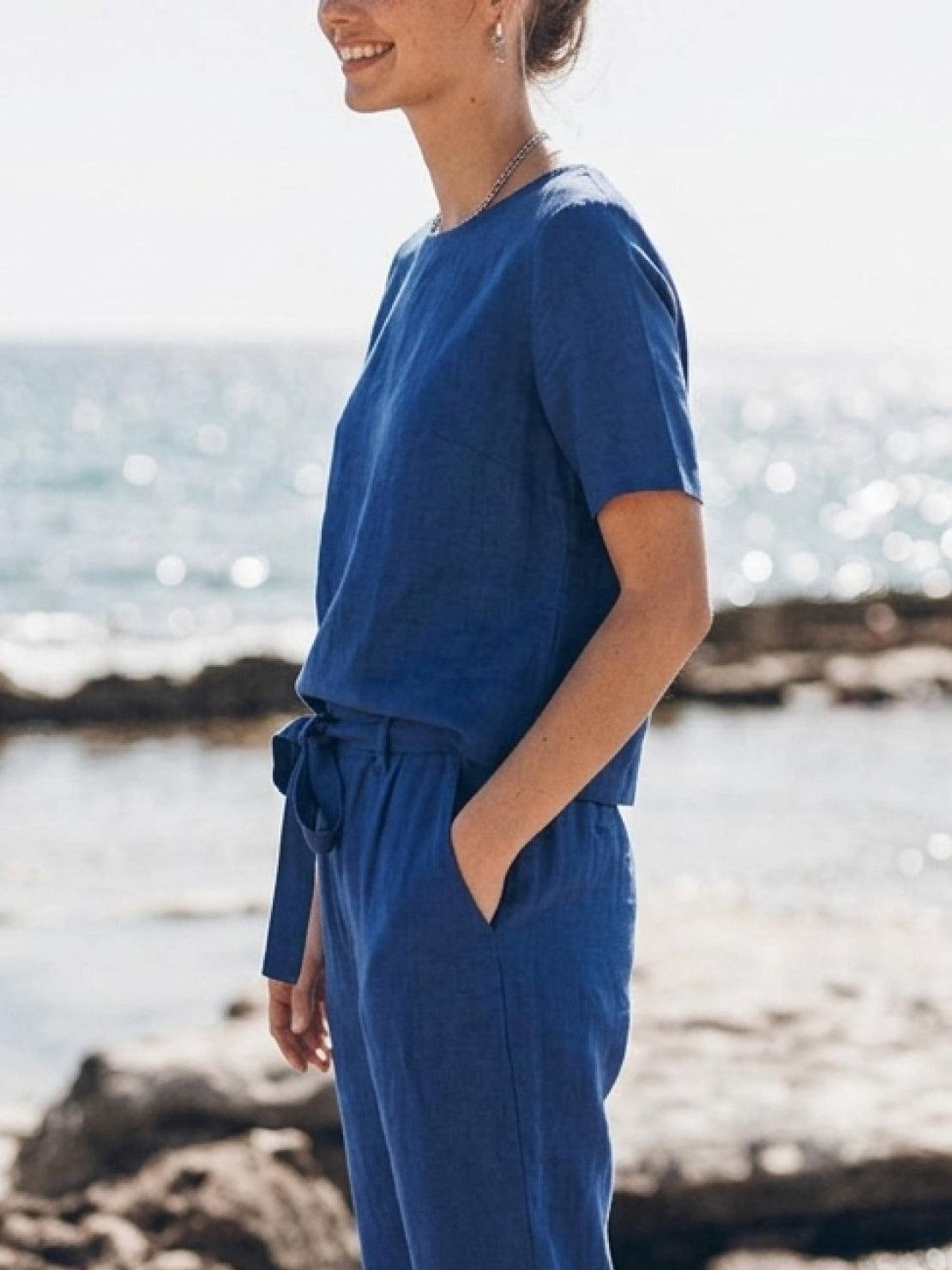 Cotton linen set with relaxed short-sleeve top and straight-leg pants in monochrome tones