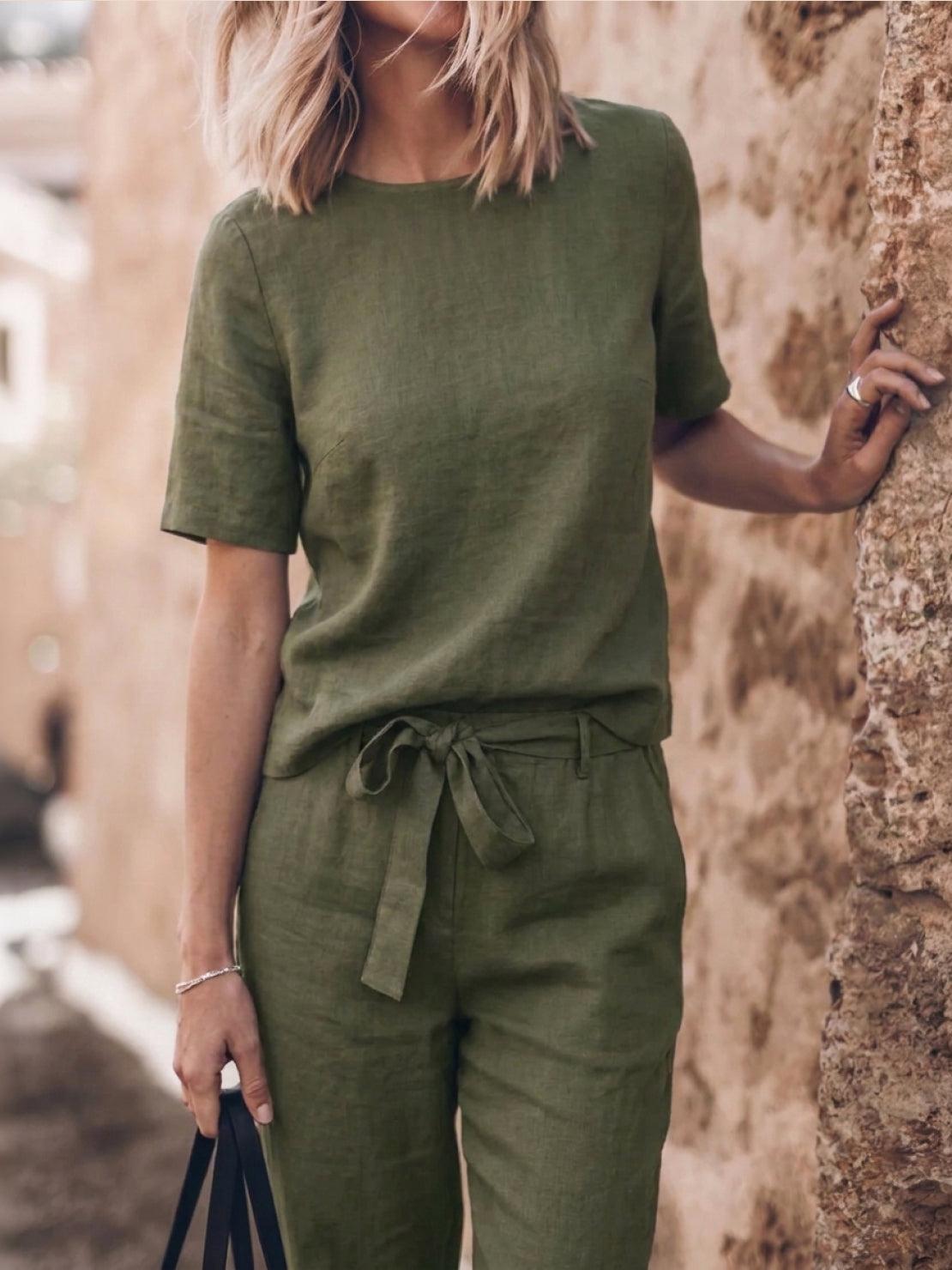 Breathable cotton linen set with relaxed short-sleeve top and straight-leg pants in monochrome tones