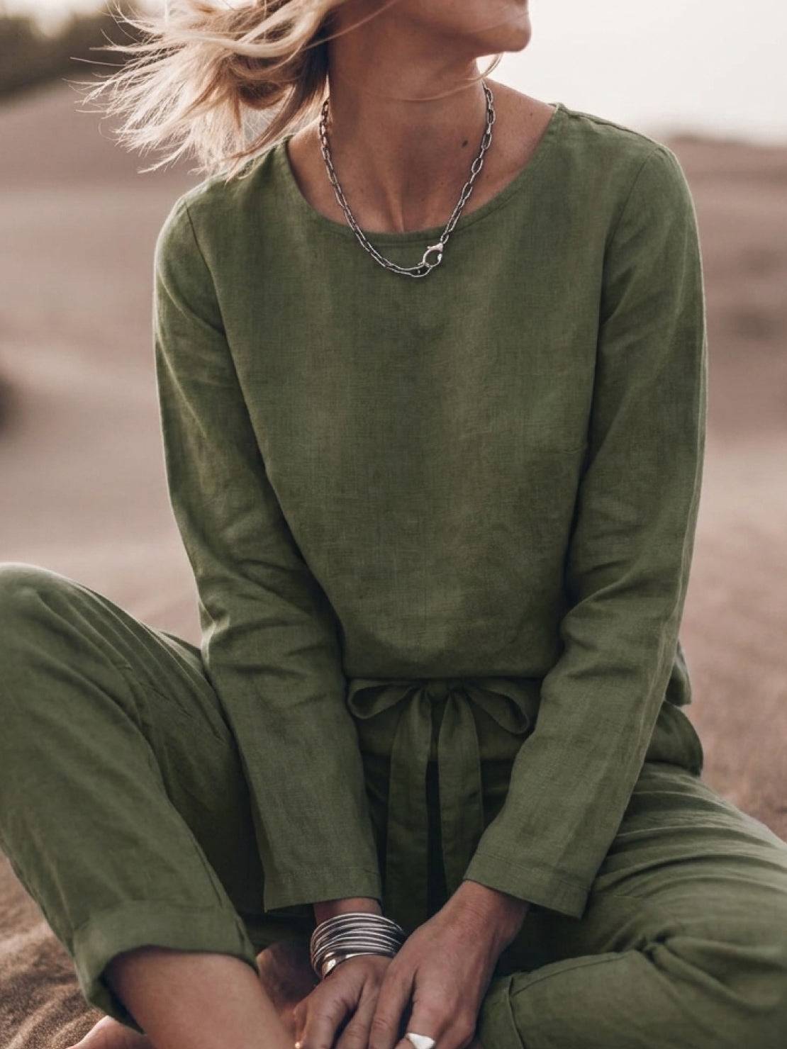 Woman wearing cotton-linen monochrome longline top and wide-leg pants set
