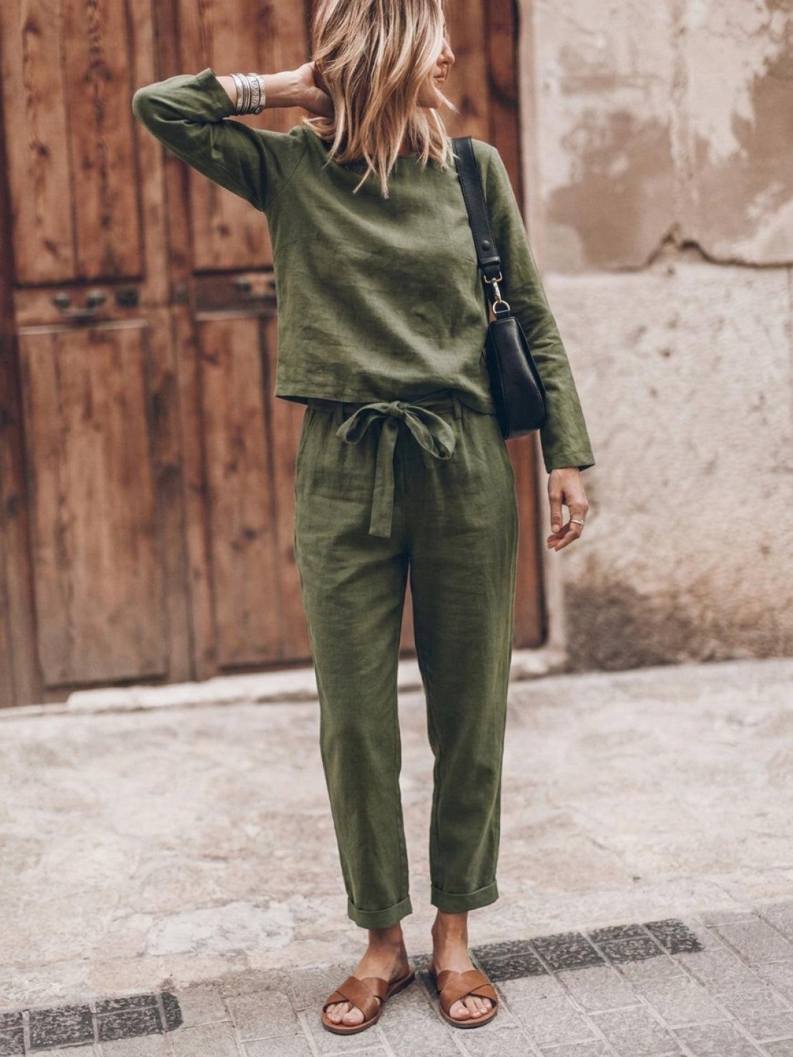 Woman wearing cotton-linen monochrome relaxed longline top and wide-leg pants set