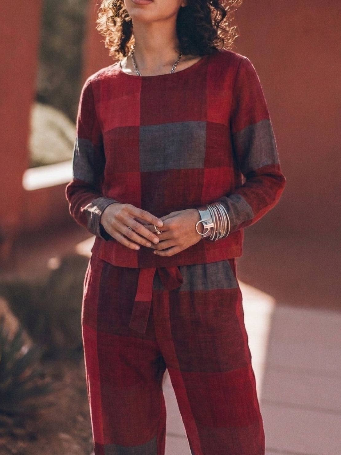 Model wearing Cotton-Linen Monochrome relaxed longline top and wide-leg pants set in neutral tones