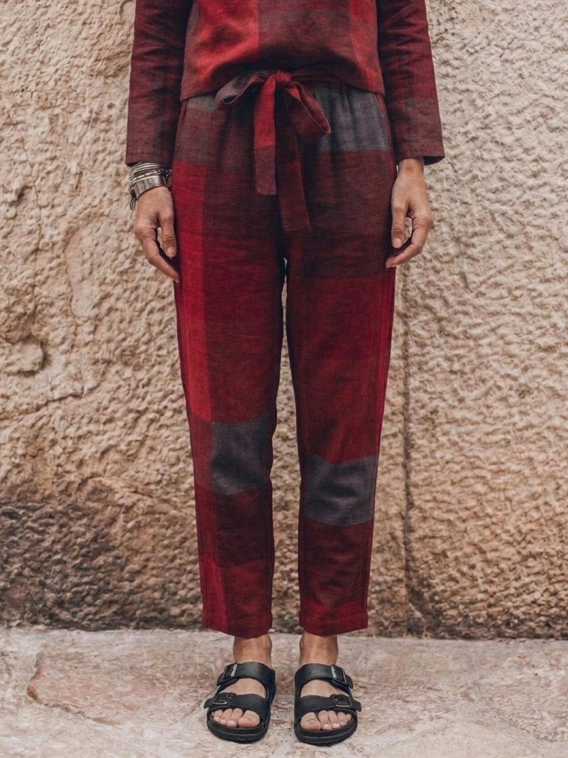 woman wearing cotton-linen monochrome relaxed longline top and wide-leg pants set