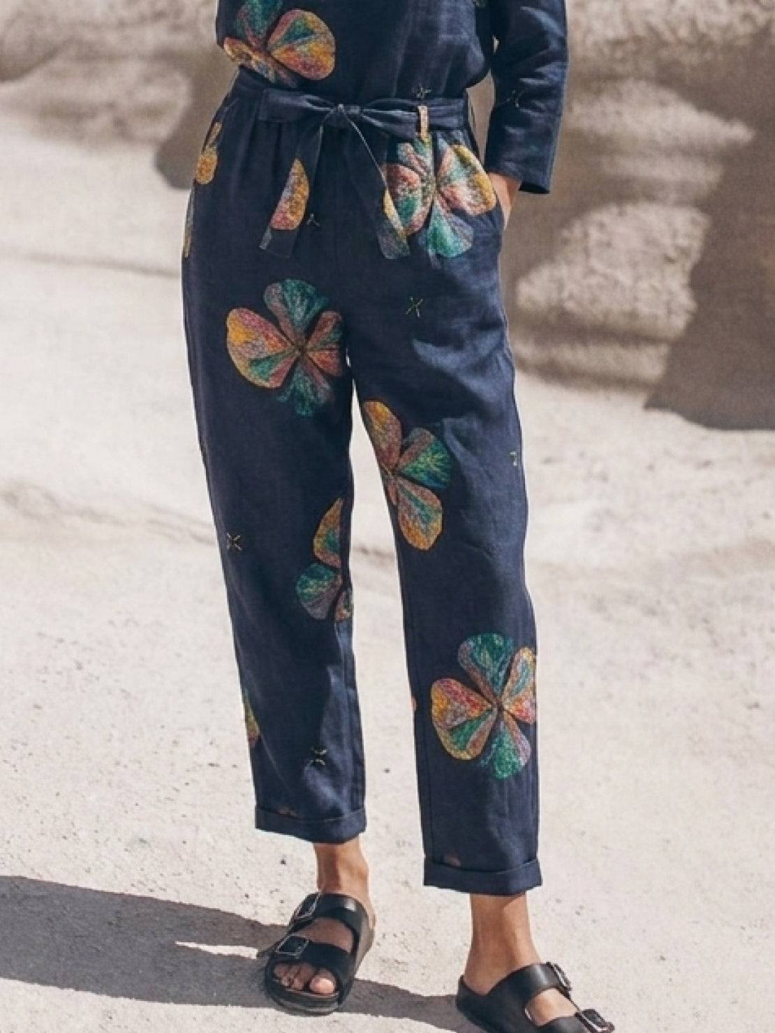 Woman wearing relaxed cotton-linen monochrome longline top and wide-leg pants set