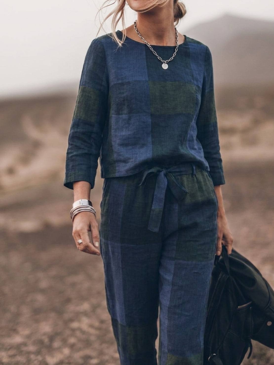 Woman wearing relaxed cotton-linen monochrome longline top and wide-leg pants set