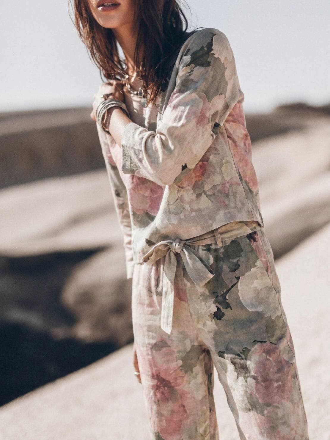 Woman wearing relaxed cotton-linen monochrome longline top and wide-leg pants set