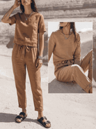 white cotton-linen set with relaxed short-sleeve top and straight-leg pants on model