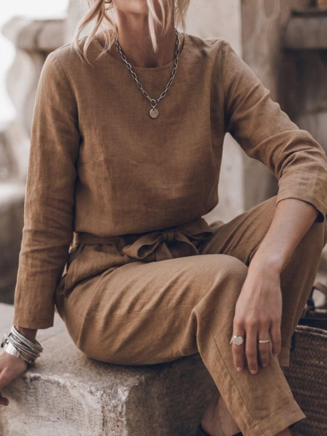 Woman wearing cotton-linen monochrome relaxed longline top and wide-leg pants set