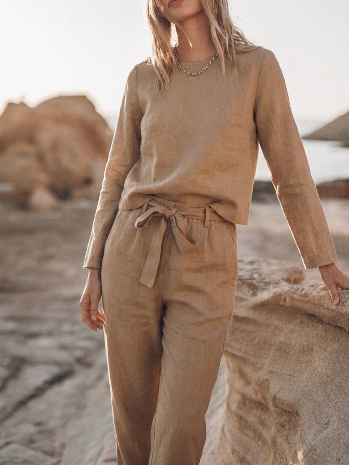 Woman wearing relaxed cotton-linen monochrome longline top and wide-leg pants set