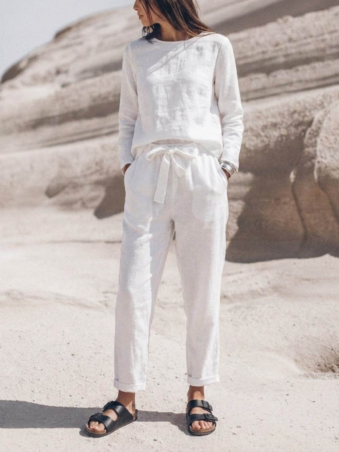 woman wearing cotton-linen monochrome relaxed longline top and wide-leg pants set