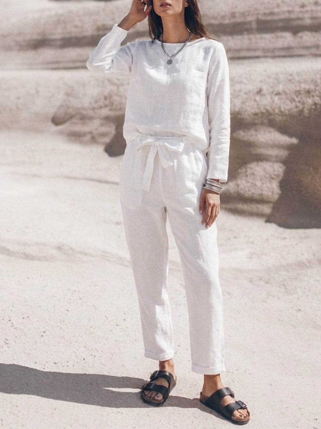 Woman wearing cotton-linen monochrome longline top and wide-leg pants set