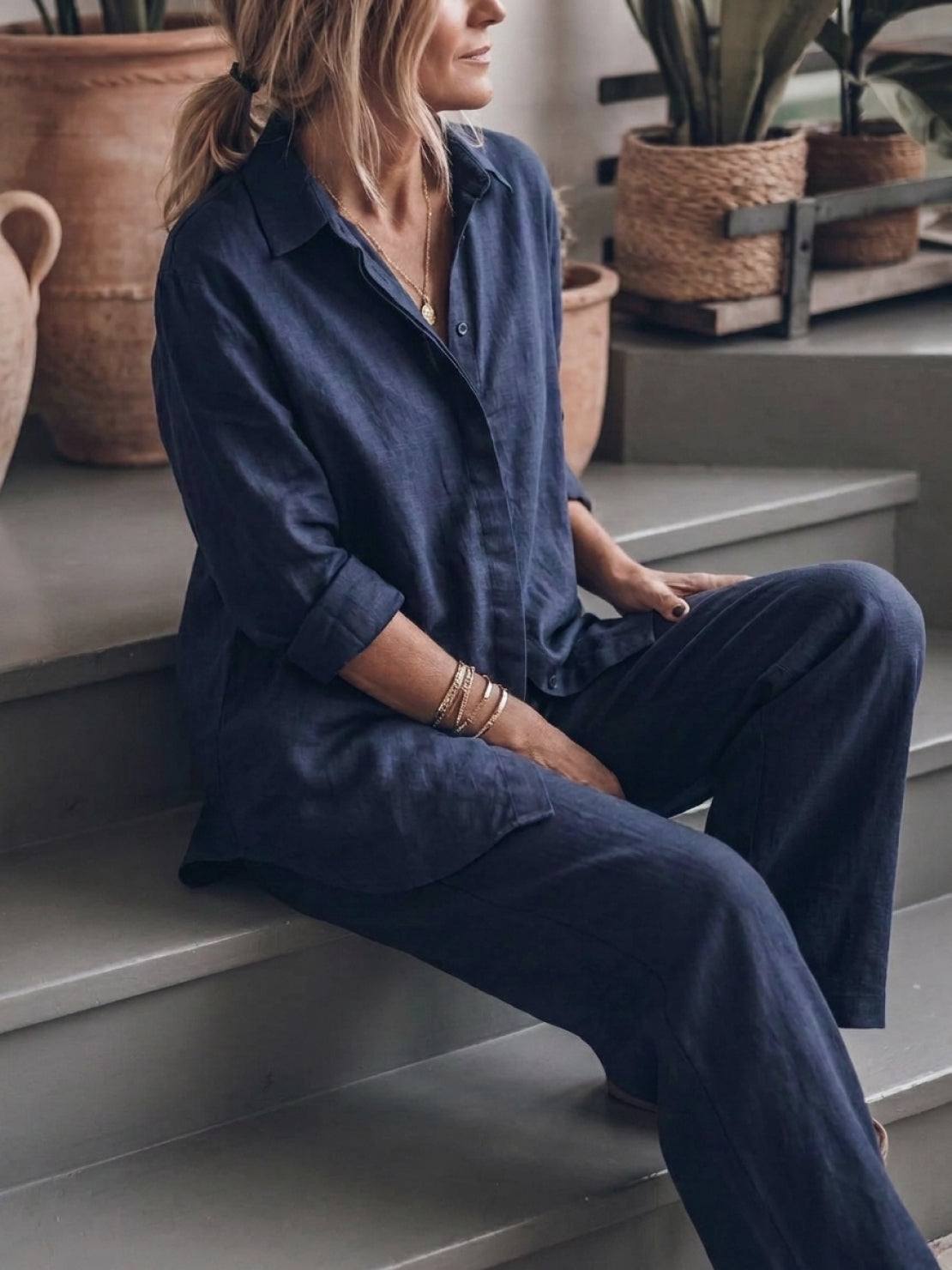 Model wearing oversized 100% cotton shirt and wide-leg pants co-ord set in a relaxed, breathable design