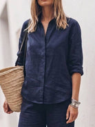 Model wearing oversized 100% cotton shirt and wide-leg pants co-ord set in relaxed fit