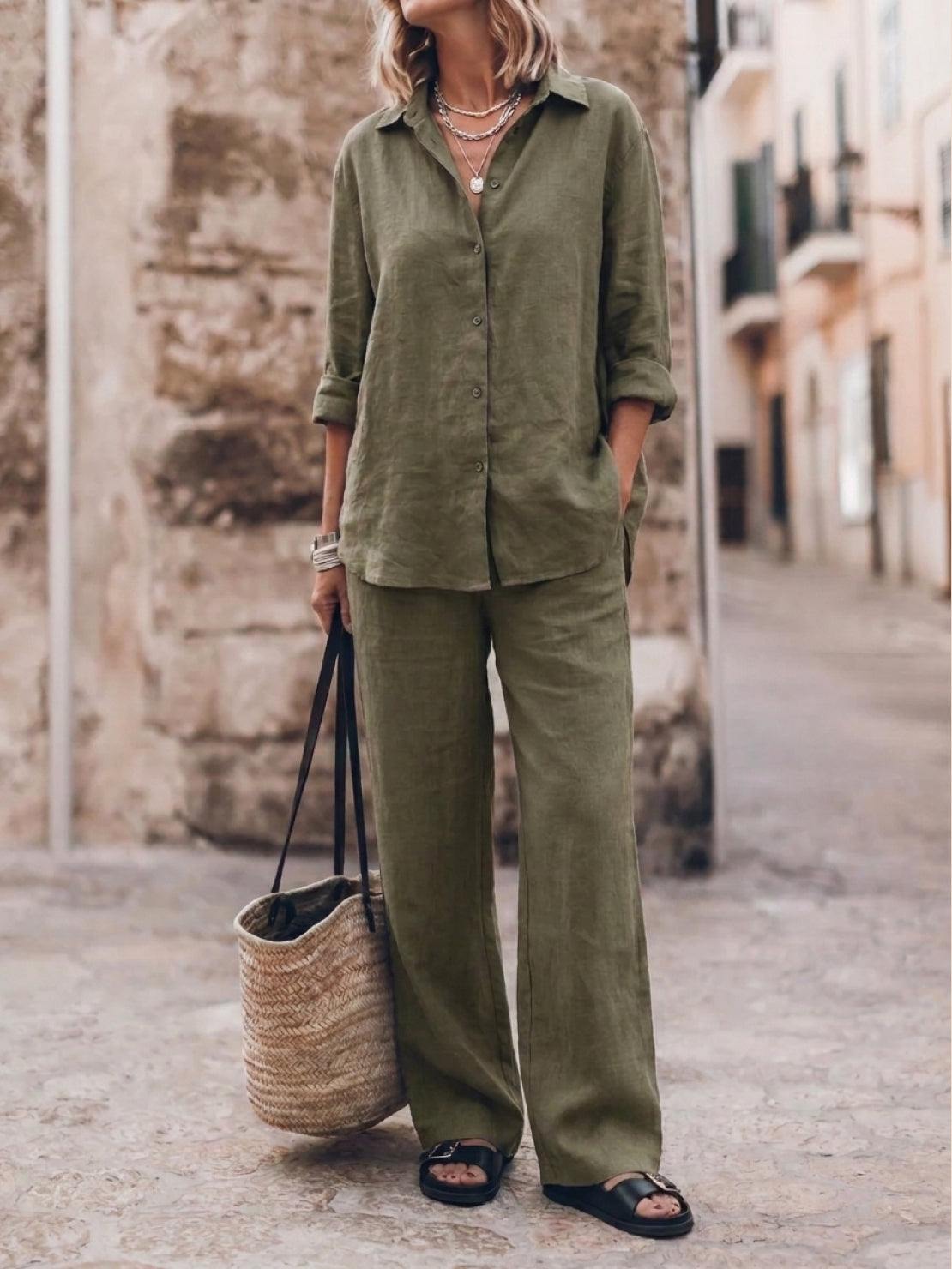 Woman wearing oversized 100% cotton shirt and wide-leg pants co-ord set in relaxed fit
