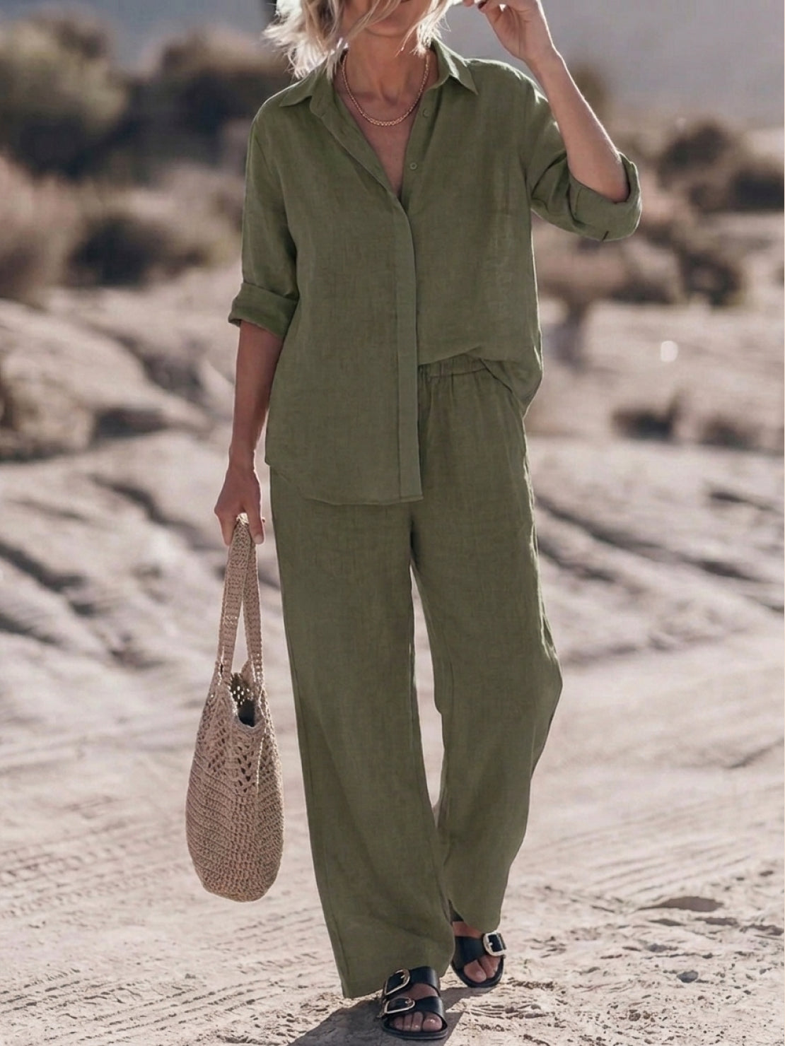 Woman modeling oversized 100% cotton shirt with wide-leg pants co-ord set in relaxed style