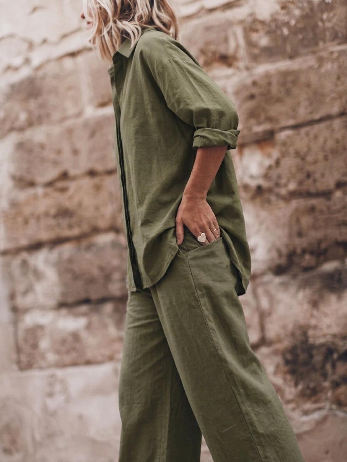 Model wearing an oversized 100% cotton shirt and wide-leg pants co-ord set in a relaxed, breathable fit