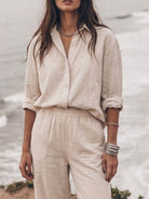 Woman wearing oversized 100% cotton shirt and wide-leg pants co-ord set in relaxed fit