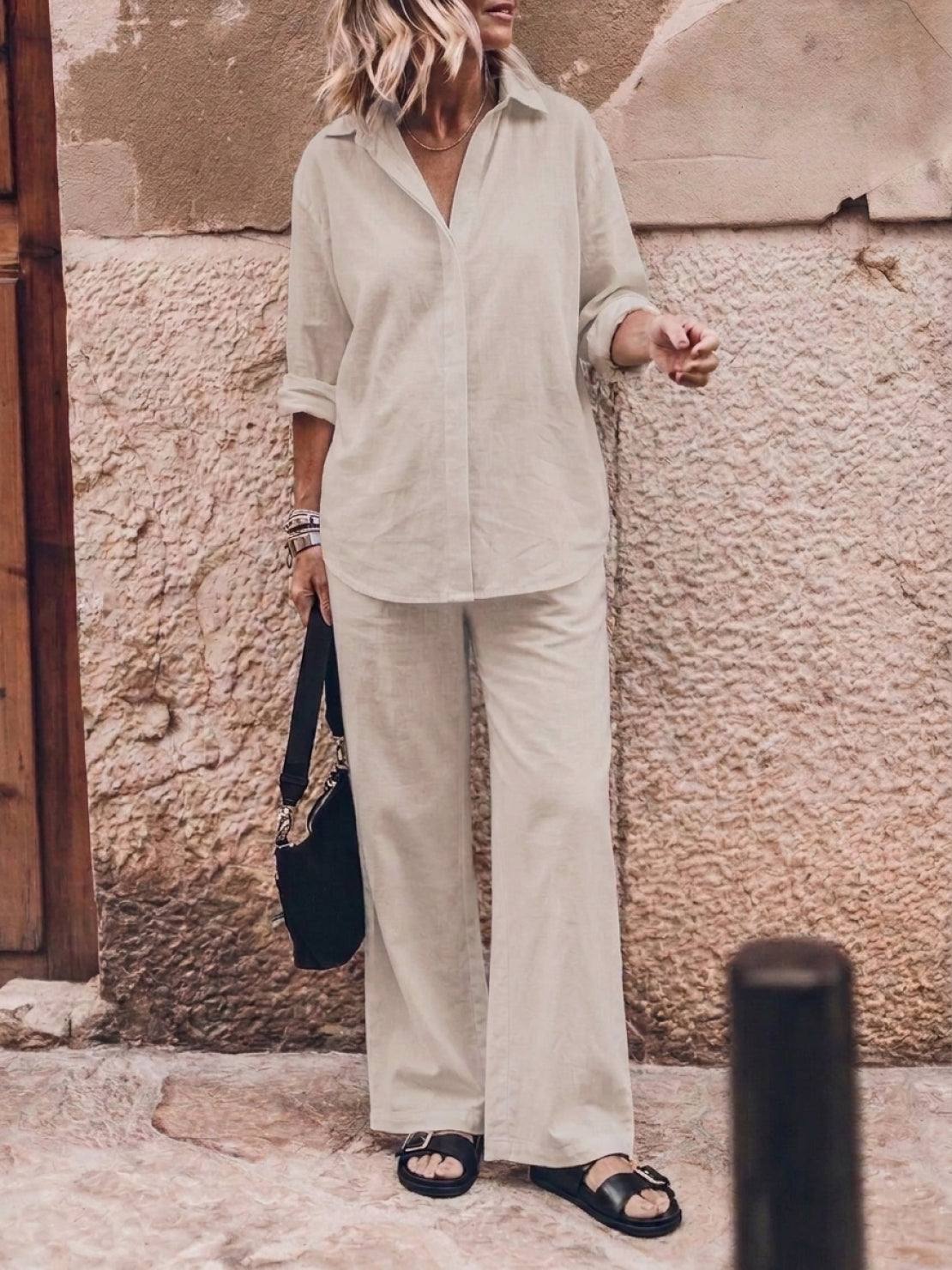 Model wearing oversized 100% cotton shirt and wide-leg pants co-ord set in relaxed fit